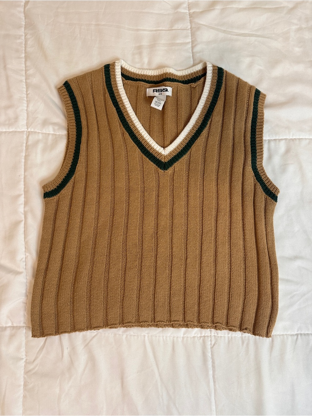 RSQ Tan Ribbed V-Neck Sweater Vest with Green & Cream Trim